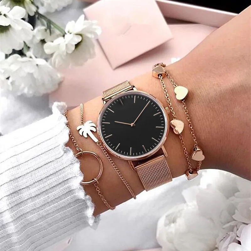 Mavis Hare 2019 Красивые Черные мраморные розовые золотые сетчатые кварцевые часы с