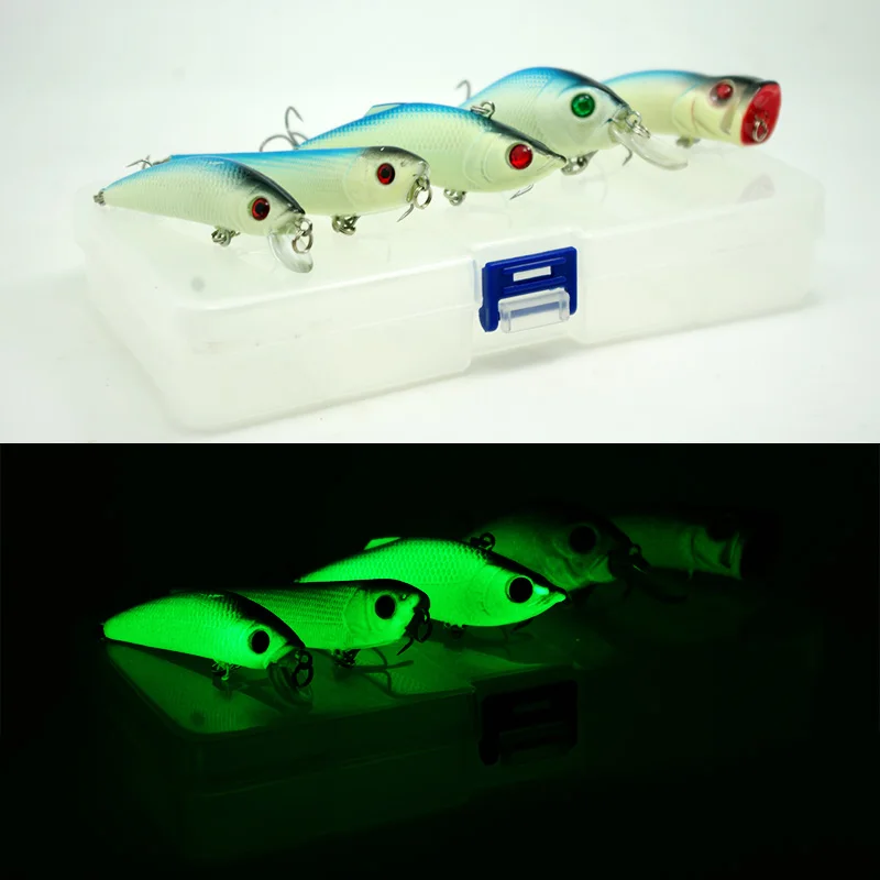 

Night Fishing Lure Kit Blue Glow Crank Minnow Pencil Popper VIB Bait Luminous Artificial Hard Lures Baits 5 Pieces Set