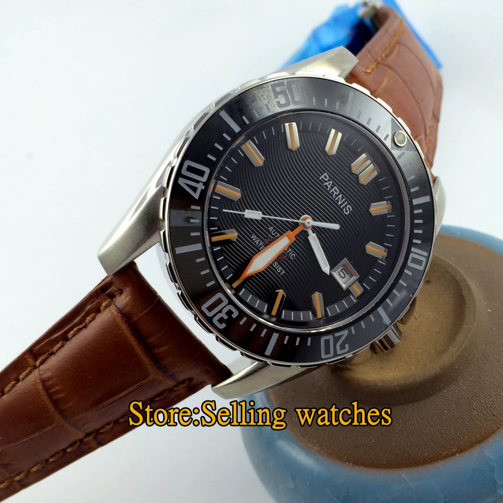 43 мм Мужские часы PARNIS погружные с черным циферблатом сапфировое стекло датой
