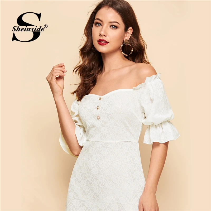 Sheinside, платье с пуговицами спереди, с рюшами, с пышными рукавами, жаккардовое, с открытыми плечами, элегантное, расклешенное, длинное платье для женщин,, белое летнее платье