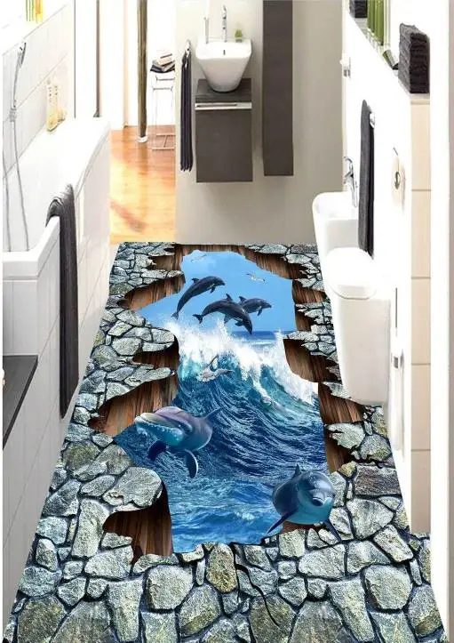 Самоклеющиеся обои 3D полы морской мир с дельфинами стереоскопические FloorTtiles