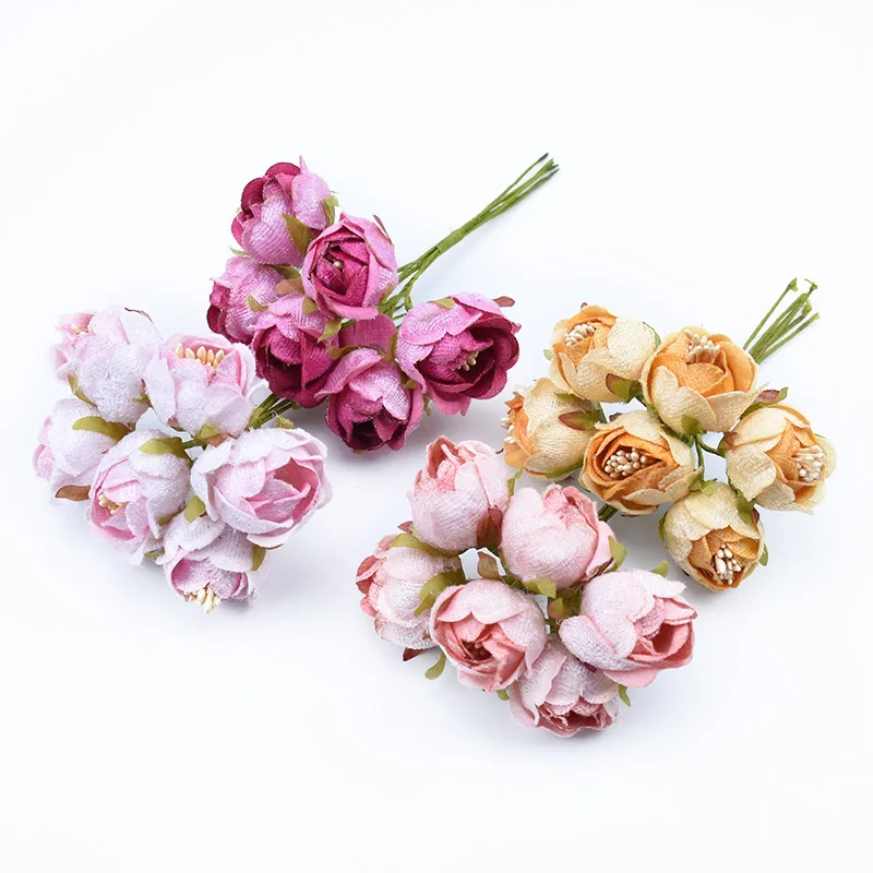

6pcs Christmas decorative flowers wreaths scrapbooking artificial plants DIY gifts box silk roses bouquet home decor fake plants