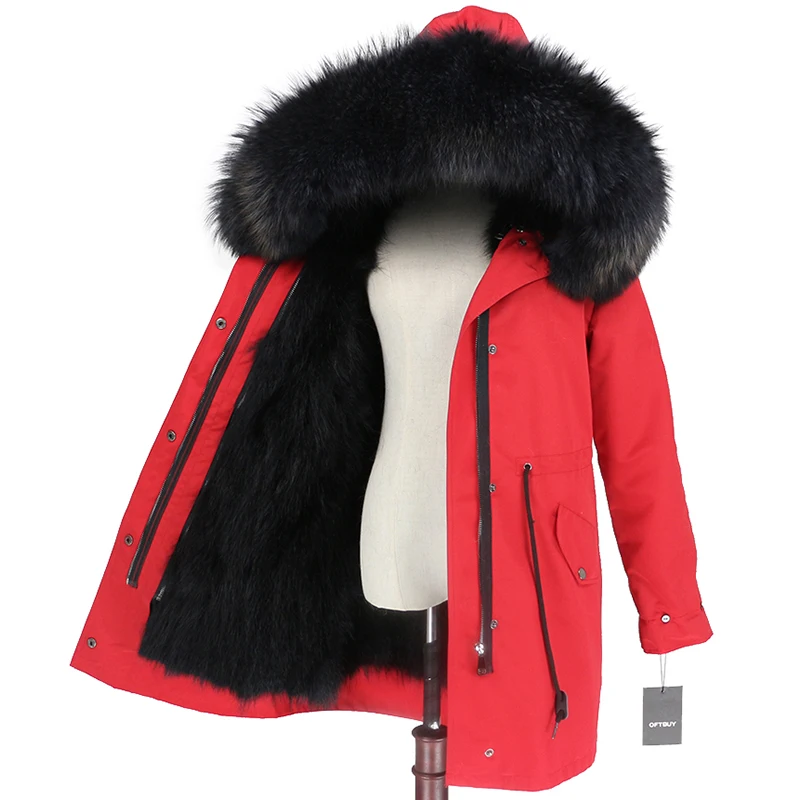 red black grey Водонепроницаемая длинная парка от OFTBUY, пальто с натуральным мехом, зимняя женская куртка, воротник из натурального меха енота, подкладка из натурального кроличьего меха, съемная теплая - Цвет: red black grey