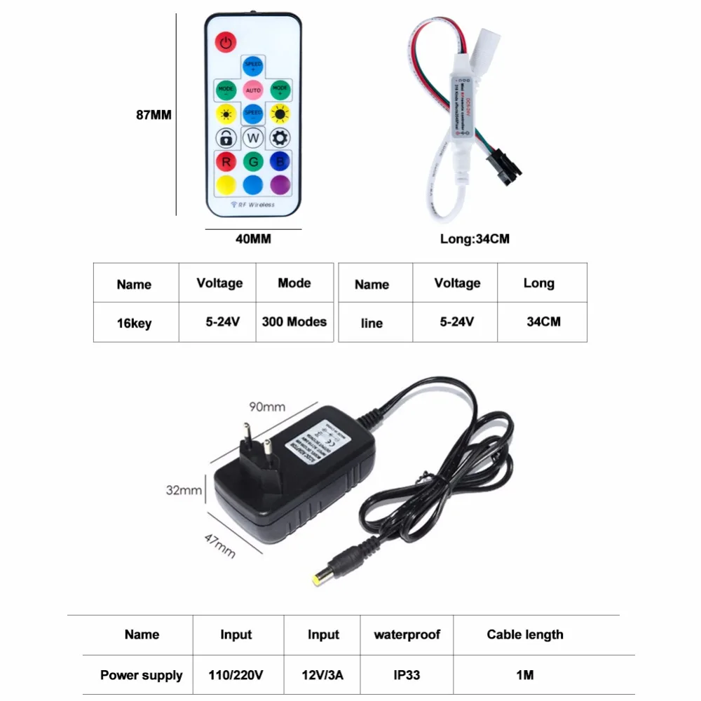 2811 IC 5050 RGB LED Strip Light 30 LEDs/m 1m 2m 5m IP65 With 17 Key Remote Controller 12V 3A Power Adapter TV Desktop Backlight | Лампы и