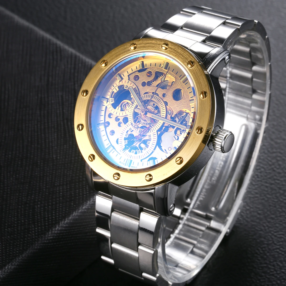 Мужские автоматические механические часы скелетоны с браслетом из нержавеющей