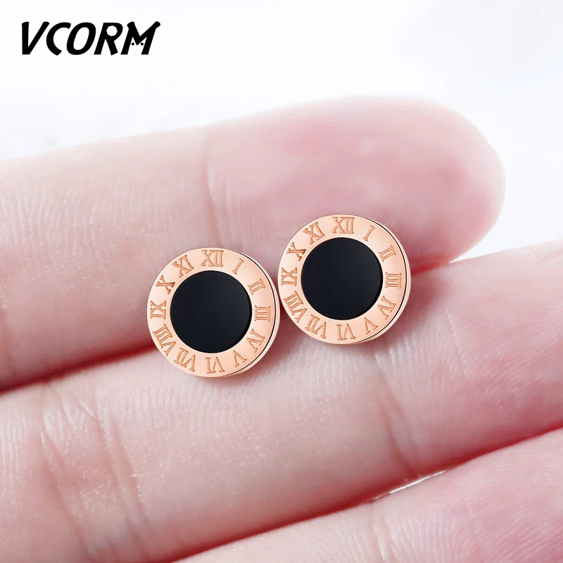 

VCORM New Stainless Steel Rose Gold Silver Color Small Stud Earrings for Women Jewelry Fashion Roman Numerals Crystal Earrings