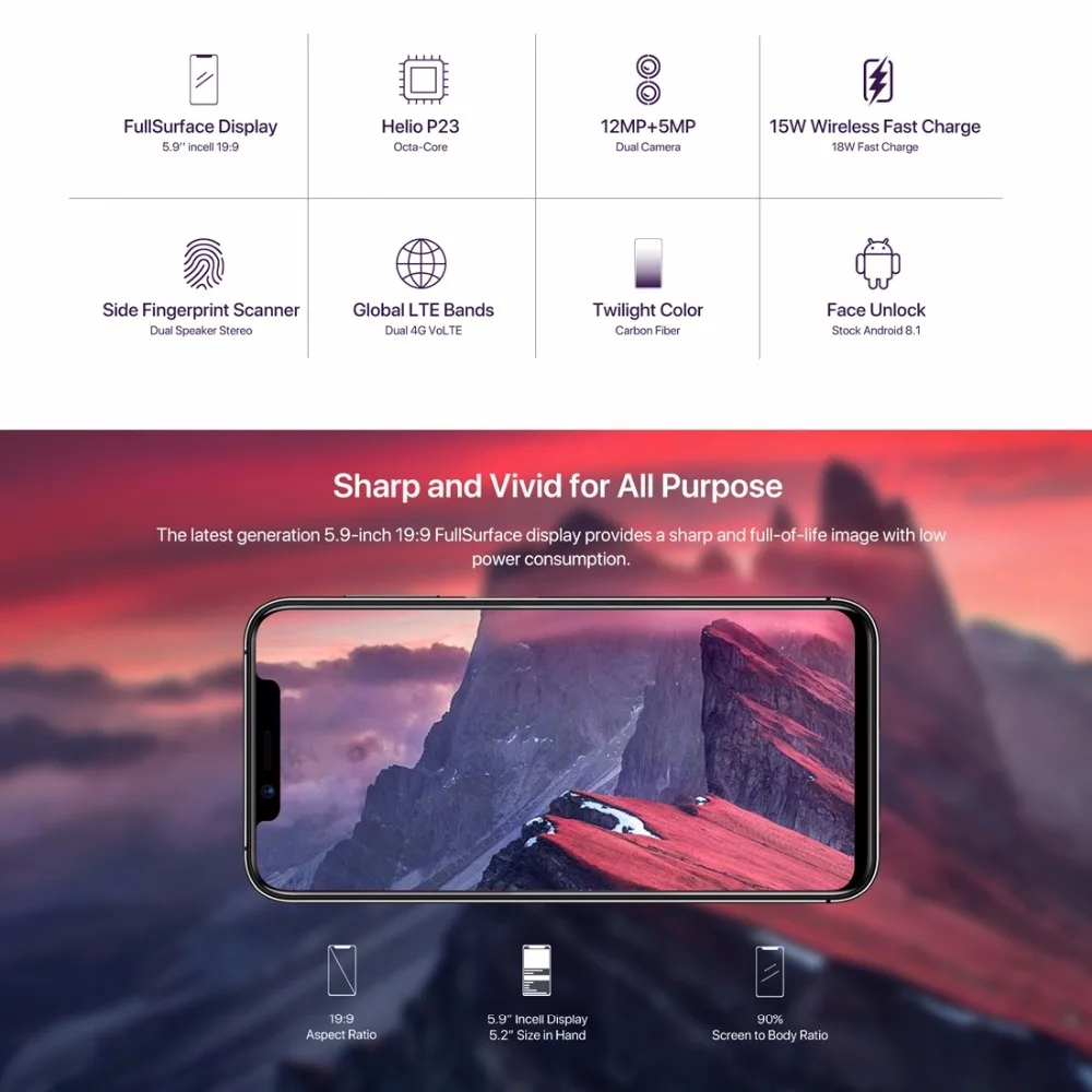 UMIDIGI One Pro Global Band 5.9&quot Android 8.1 mobile phone wireless charge 4GB 64GB P23 Octa Core smartphone 12MP+5MP Dual 4G NFC |