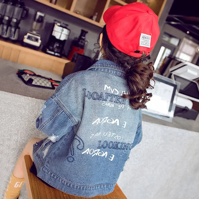 Rlyaeiz High Quality Fashion Hole Girls Denim Jacket 2019 Spring Cowboy Jackets Letter Printed Kids Short For 4-13Y | Детская одежда и