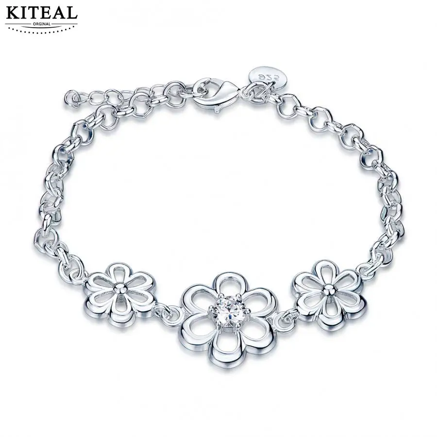 Женский браслет с цепочкой пять лепестков белый серебристого цвета 20 см|bangles for