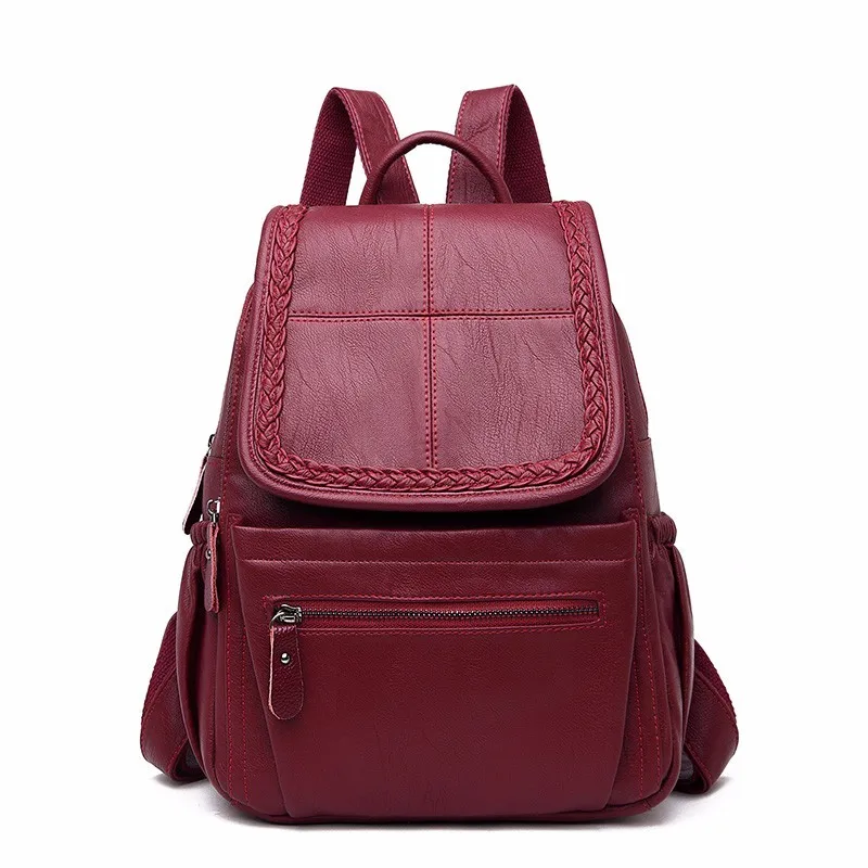 Женские кожаные рюкзаки Mochila Feminina рюкзак для девочек винтажные сумки однотонные женские роскошные дизайнерские рюкзаки женские - Цвет: Winered