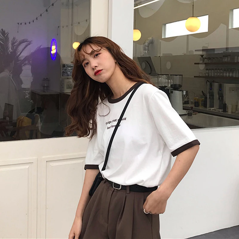 Летняя Корейская футболка с буквенным принтом Ulzzang, Женская Повседневная футболка с коротким рукавом, Женская свободная хлопковая Футболка с круглым вырезом, модные топы, футболка