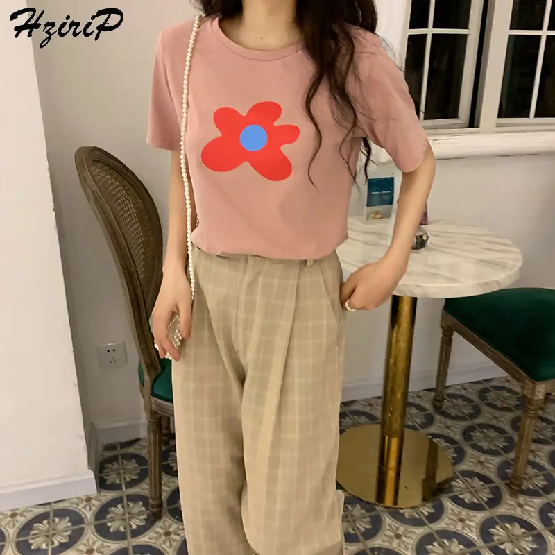 Летняя свободная короткая футболка Hzirip 2019 с коротким рукавом и круглым вырезом