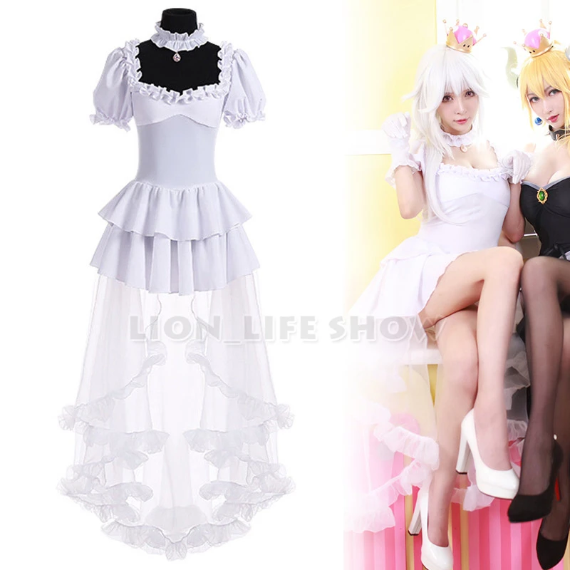 

Bowsette Booette Princess Teresa King Boo White Long Sexy Dress Cosplay Costume