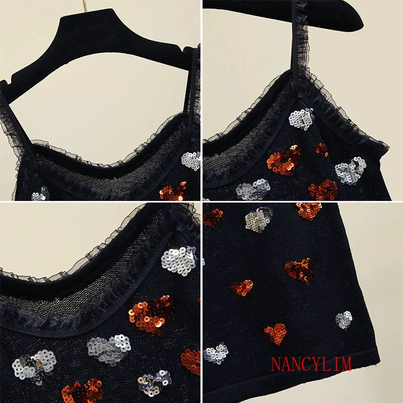 New Knit Sequins Small-strap Vest 2019 Summer Outside Sexy Camisole Top Women's Slim Lover Seuiqn Black Knitted Camisoles Tanks