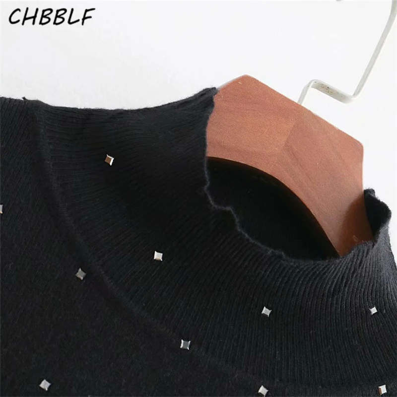 Фото CHBBLF women Rivet decorations knitted sweaters long sleeve pullovers vintage female casual chic top BGB8565 Женская одежда CHBBLF women Rivet decorations knitted sweaters long sleeve pullovers vintage female casual chic top BGB8565 Женская одежда