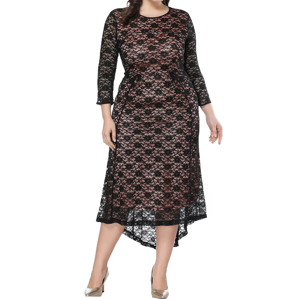 Women Black Plus Size Summer Lace Dress 2019 Elegant Hollow Out Big Formal Sexy Midi Large Party Dresses Vestido |