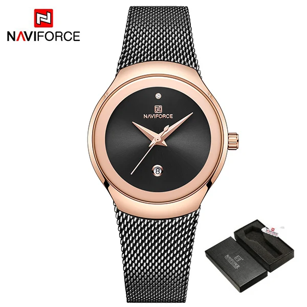 RoseGoldBlackBox NAVIFORCE женские часы модные женские наручные часы Роскошные Кварцевые часы Женские часы из нержавеющей стали с сетчатым браслетом Bayan Kol Saati - Цвет: RoseGoldBlackBox