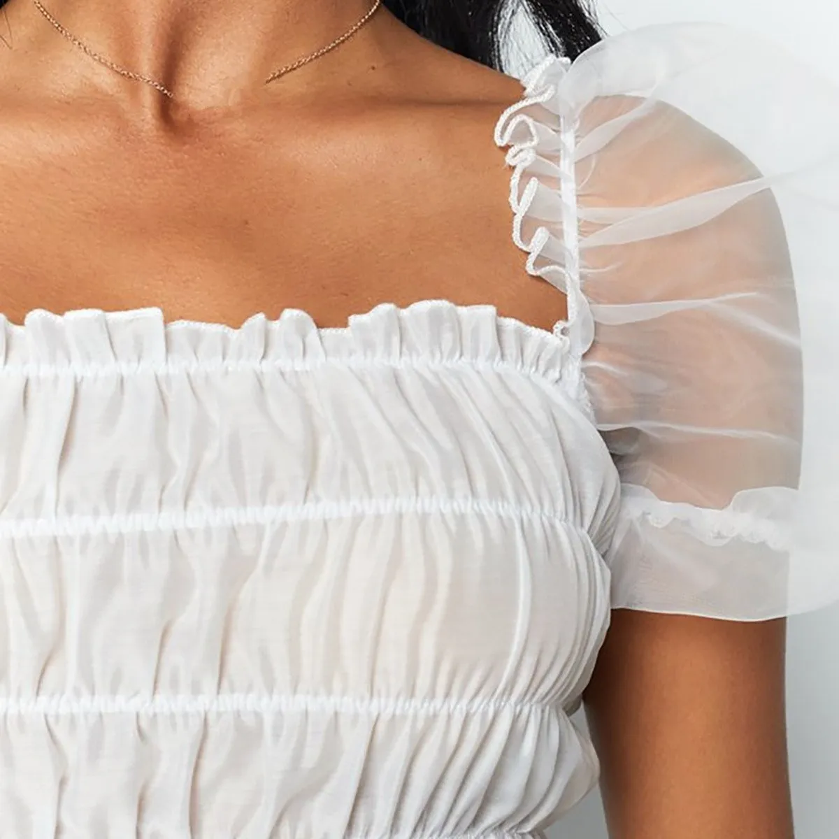 Женская Прозрачная Футболка с квадратным вырезом обтягивающая белая футболка