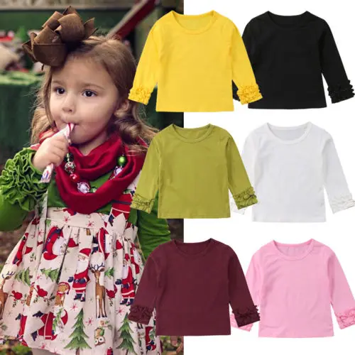 New Spring Fall Style Kid Baby Girl Cotton Ruffle Long Sleeve T-shirt Solid Crew Neck Children Clothing Toddler Infant Outfit | Детская