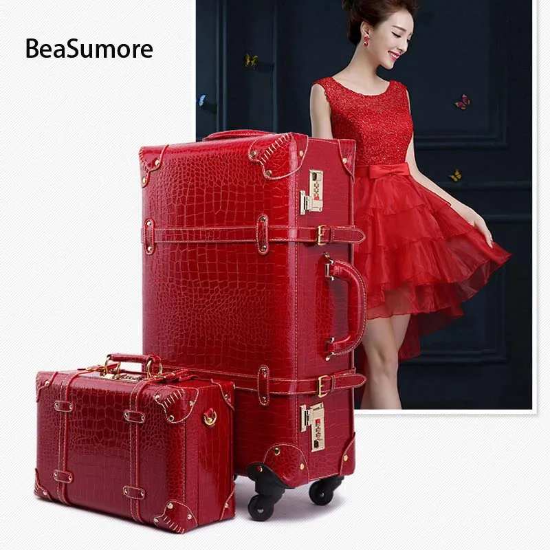 22 inch wine 4 wheel BeaSumore Ретро Крокодил из искусственной кожи сумки на колёсиках наборы Spinner Для женщин пароль чемодан колеса 20 дюймов кабина винтаж тележка - Цвет: 22 inch wine 4 wheel