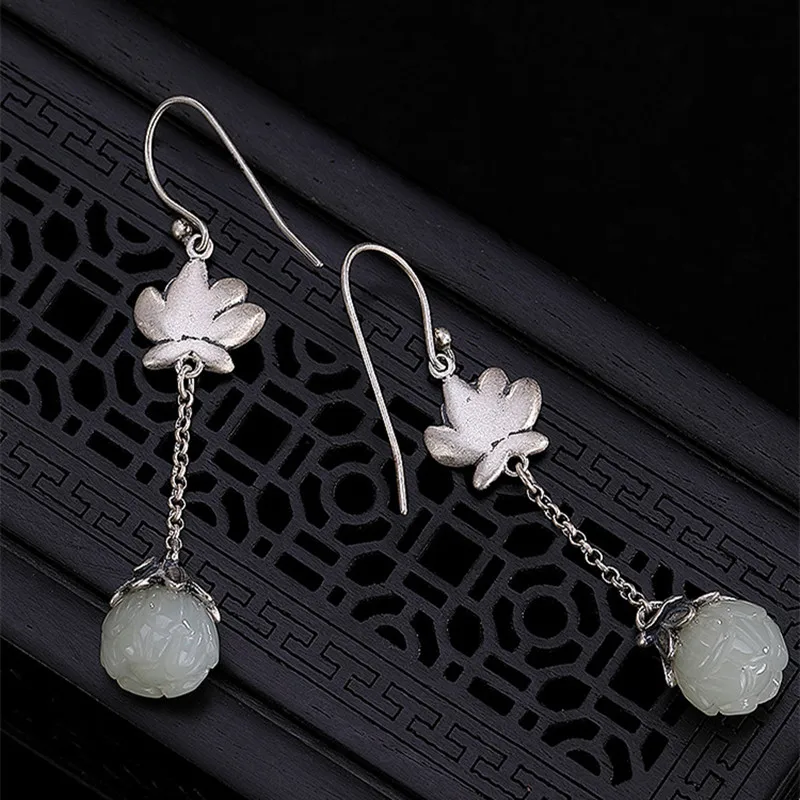 Uglyless 100% Real 925 Sterling Handmade Lotus Earrings Natural White Jade Flower Fine Jewelry Thai Silver Ethnic Brincos Bijoux | Украшения