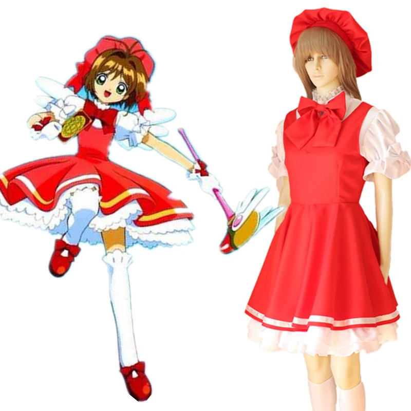 Anime CARDCAPTOR SAKURA KINOMOTO red dress Cosplay Costumes Halloween for women suits + hat bow 4pcs set |