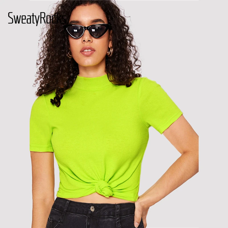 SweatyRocks, имитирующая шею, ребристая вязка, облегающий неоновый Топ, сексуальная эластичная тонкая Базовая футболка, летняя женская уличная одежда, одноцветные футболки