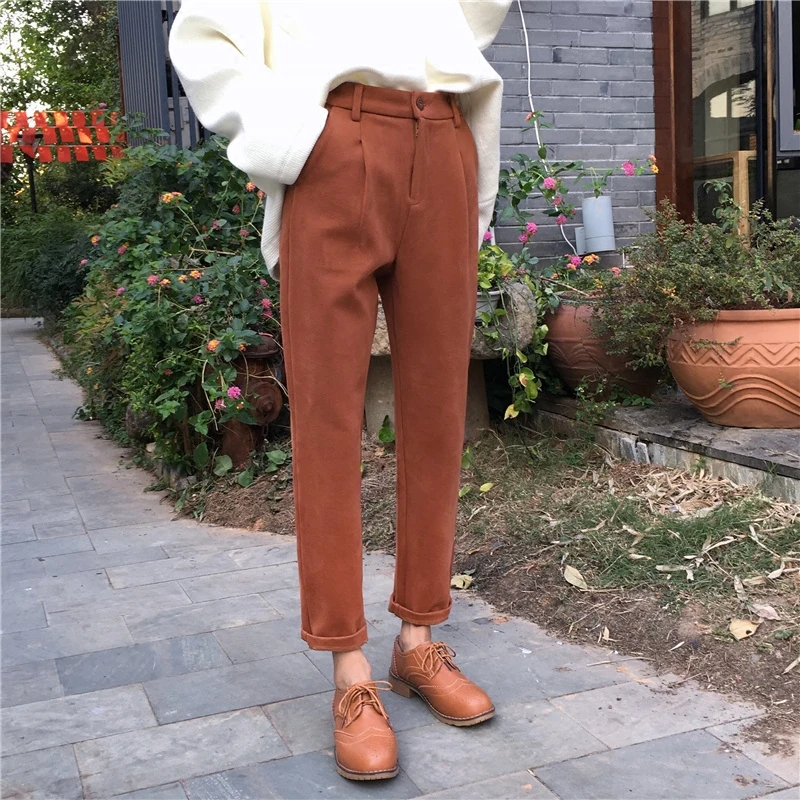 2020 Костюмные брюки осенние и зимние шерстяные с высокой талией прямые трубы|woolen