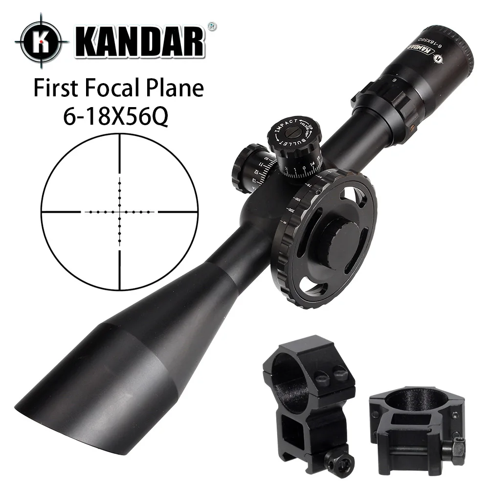 KANDAR 6-18X56Q первый фокальный самолет охотничьи оптические прицелы боковое колесо Parallax Mil Dot стекло гравированное сетка башенки сброс область - Цвет: with Picatinny Rings