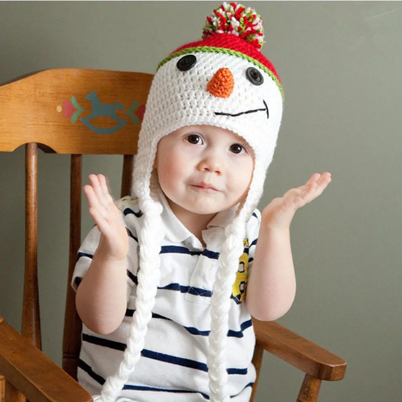 

Adorable Snowman Baby Hat Handmade Children Ear Flap Beanies Cap Toddler Crochet Hats baby photo props hat Christmas BH0876
