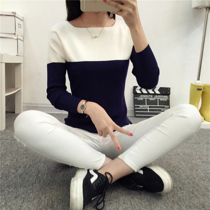 Высокий эластичный мягкий вязаный свитер для женщин 2016 весна осень сплит женские