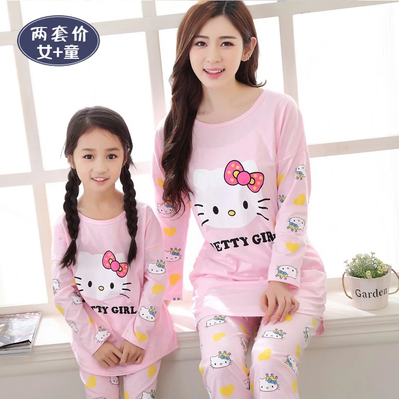 Семейные рождественские пижамы для мамы и дочки в одном стиле, платья Hello Kitty одежда из хлопка с длинными рукавами детские пижамы, для детей
