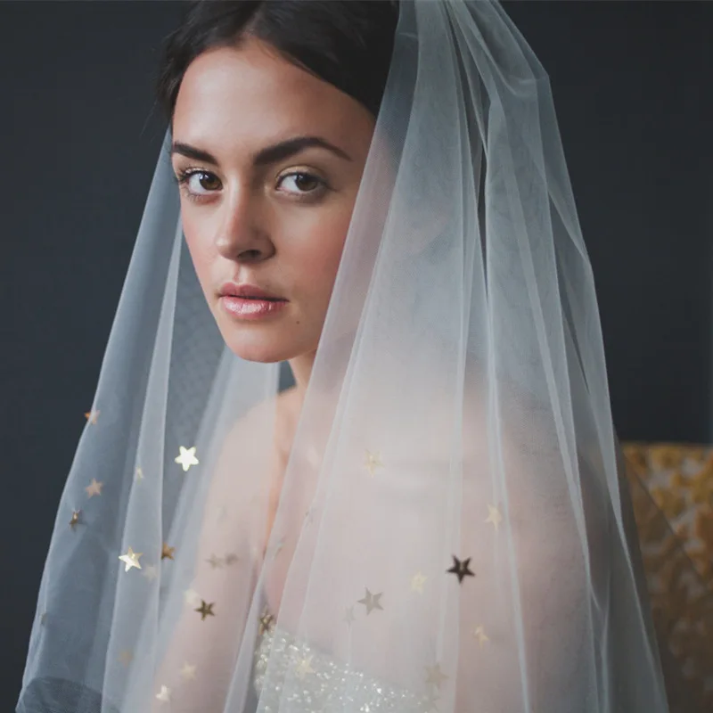 Белая женская свадебная фата 2019 2 слоя 60 90 см аппликация со звездами ручной работы