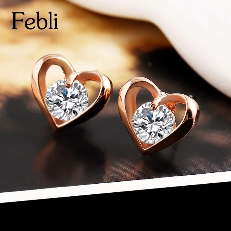 Febli Romantic Flower Heart Crystal Stud Earrings Alloy Silver Color Design Zircon Fashion Jewelry For Women | Украшения и