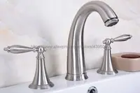 Brushed Nickel Dual Handle Bathroom Mixer Faucet Deck Mounted 3 Install Holes Hot and Cold Water Lavatory Sink Taps Bbn016