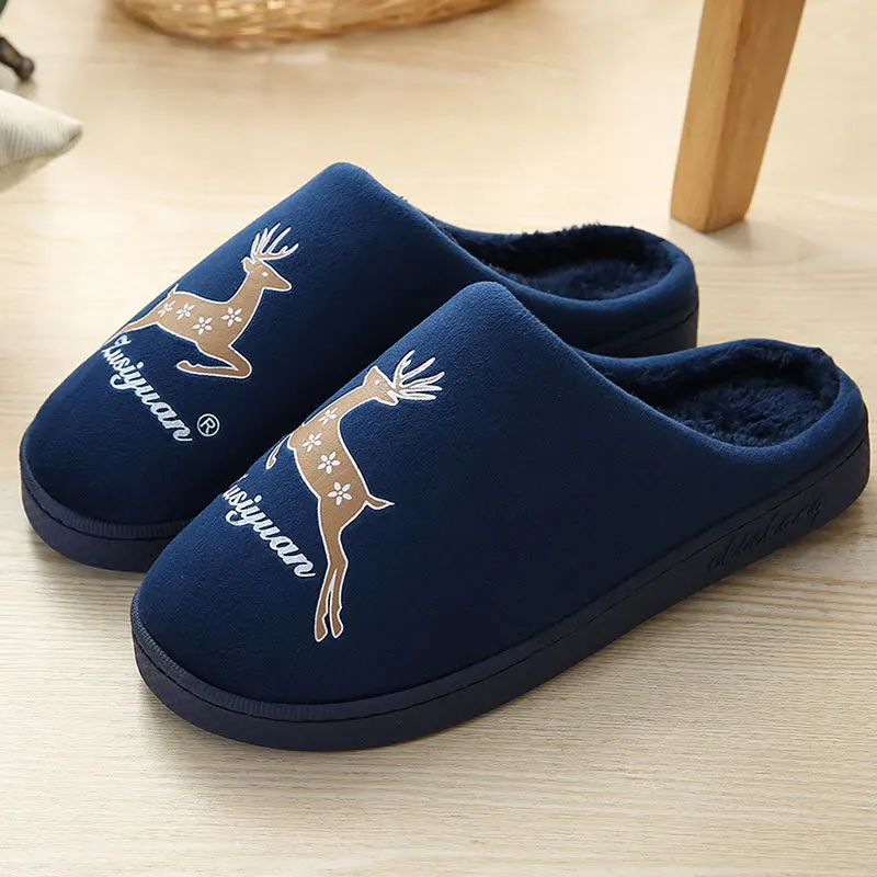 deer blue BeckyWalk/зимние домашние тапочки; женские плюшевые тапочки на плоской подошве; теплая женская домашняя обувь; мужские тапочки; женская обувь из хлопка; WSH3122 - Цвет: deer blue
