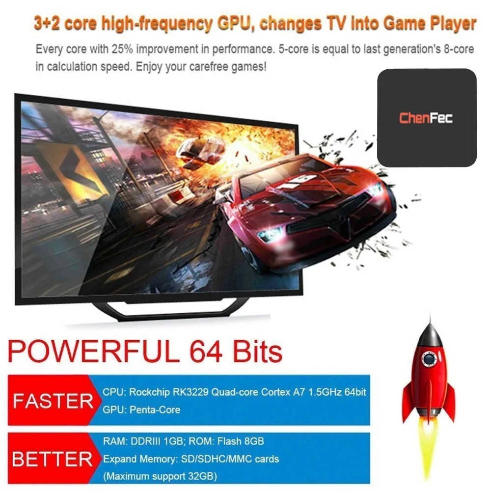 CHENFEC Q1 pro 4 K Android ТВ коробка RK3229 1G/8G Quad core K/2 H.265 3D 2 4G Wi Fi телевизионная приставка OTT