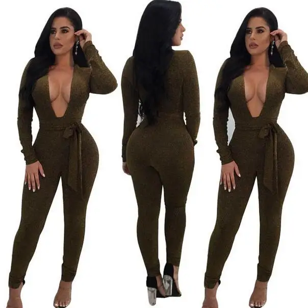 Блестящий Комбинезон с v-образным вырезом и повязкой 2019 летний женский
