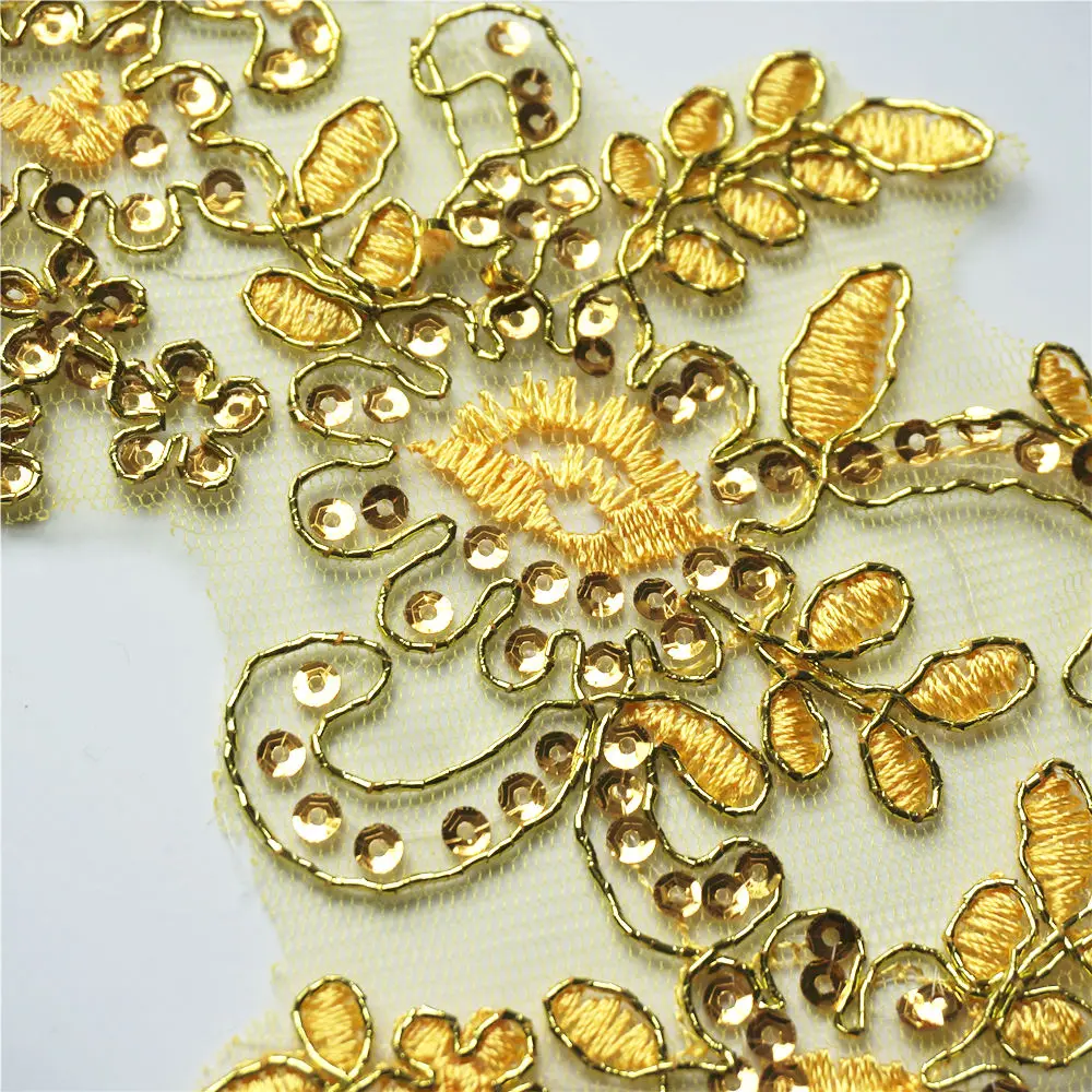 2 шт. золотые расшитые блестками цветы сетчатая ткань свадебные аппликации шитые