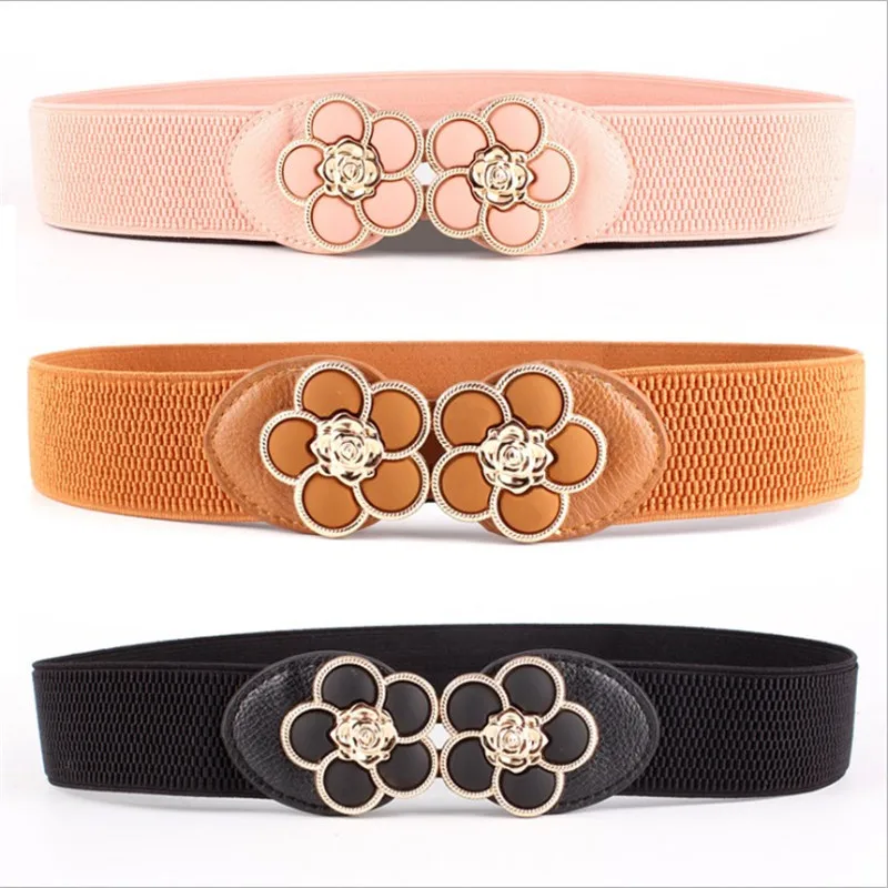 

2019 New Vintage Crystal Flower Metal Buckle Belt for Woman Dress Women Female Wide Elastic Strap Waistbands Belts Cummerbunds