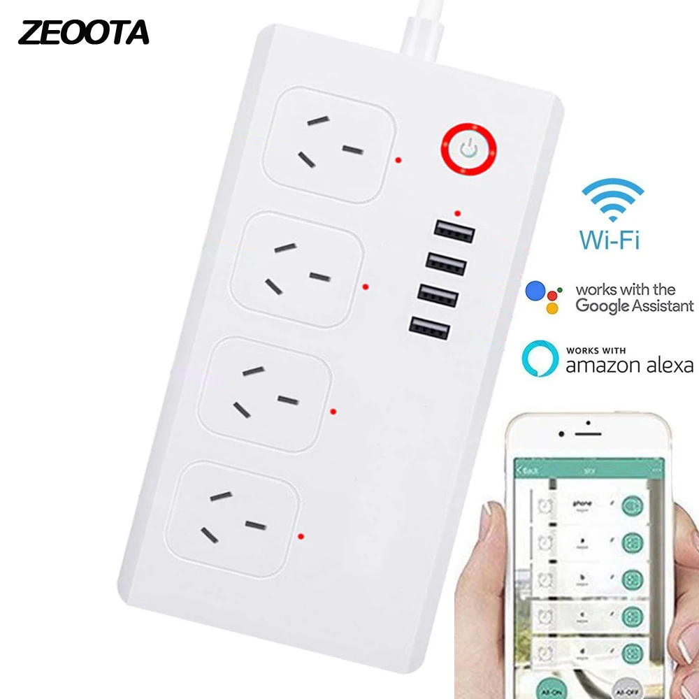 Wifi смарт-сетевой фильтр Защита от перенапряжения Голосовое управление 4 AC AU розетки розетка с USB 4 порта для зарядки 1.5м удлинитель