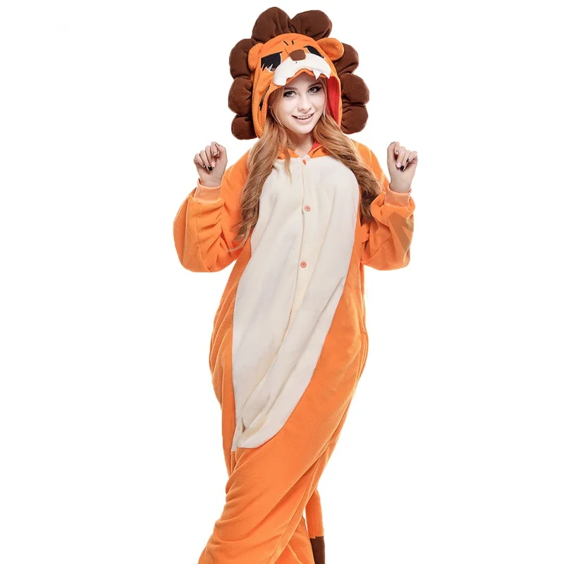 Lion Orange 24 NEW Женщины Животных Кролик Пегас Панда Пижамы Зима Фланель С Капюшоном Мягкий Пижамы Косплей Взрослых Пижамы Комбинезоны Мужчины Женщины пижамный костюм домашняя одежда пижама женская - Цвет: Lion Orange