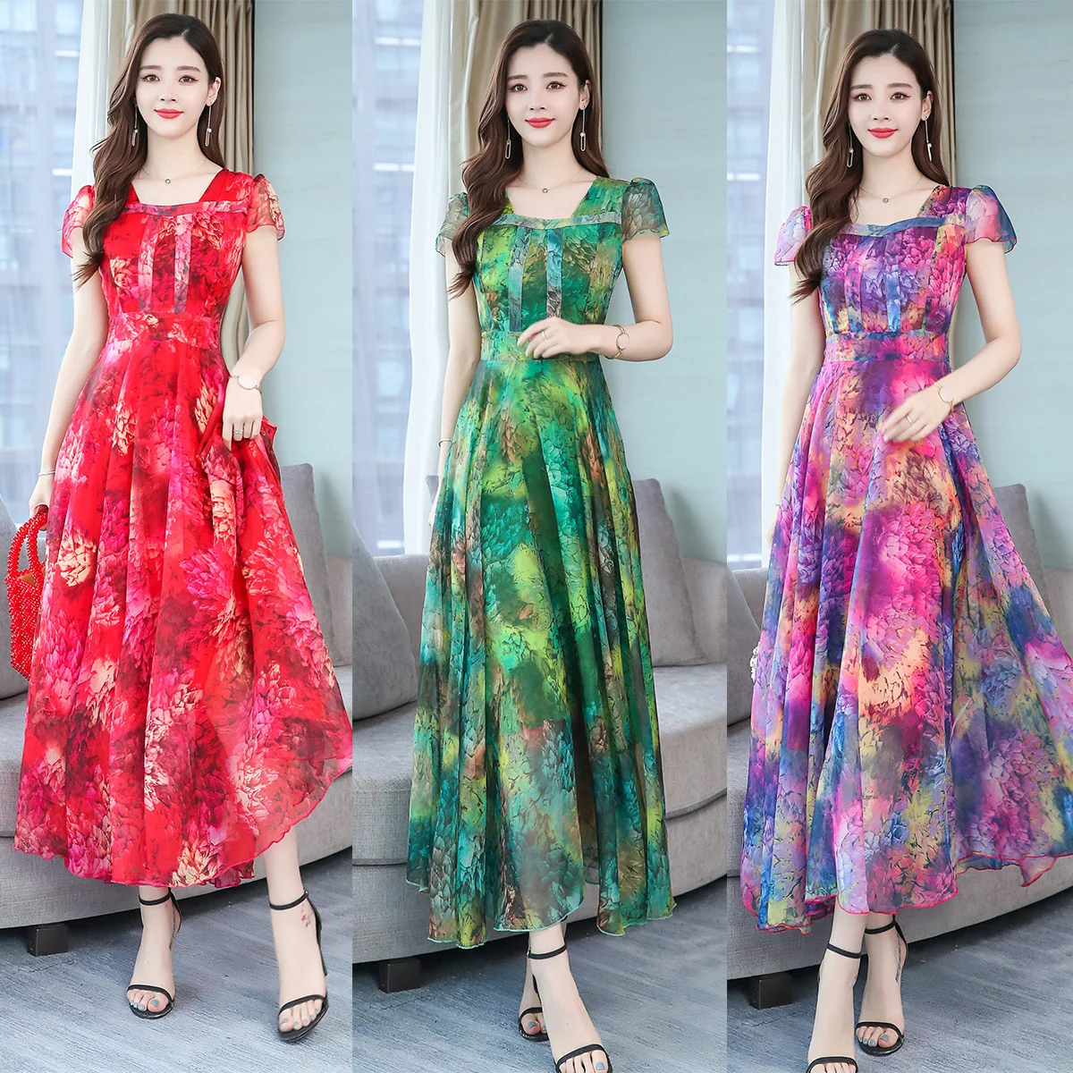 Женское длинное шифоновое платье с цветочным принтом красное фиолетовое зеленое