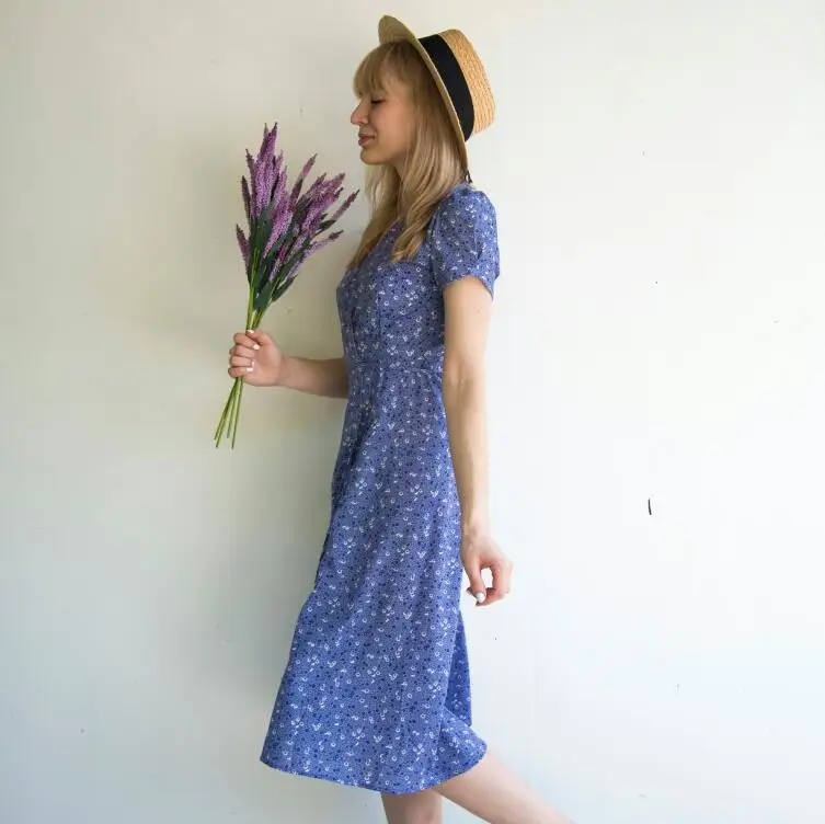 2019 Spring Summer Women Purple Floral Dress V-neck Short Sleeves Vintage Split Long robe femme | Женская одежда