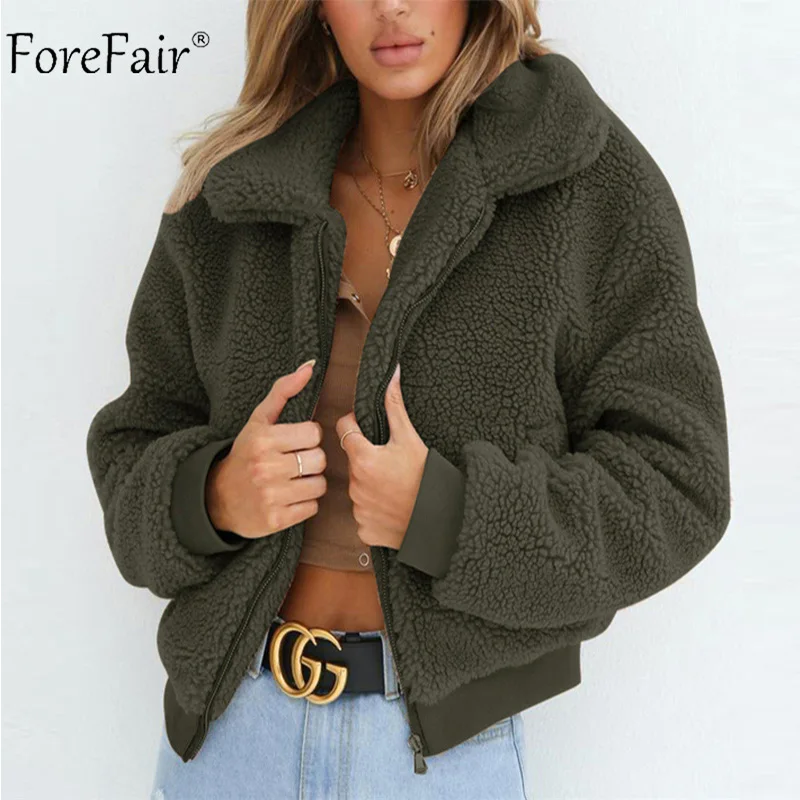 Army Green Forefair флисовая женская зимняя куртка из искусственного меха плюшевый мишка уличная куртка с отворотом размера плюс теплая Повседневная укороченная Меховая куртка-бомбер - Цвет: Army Green