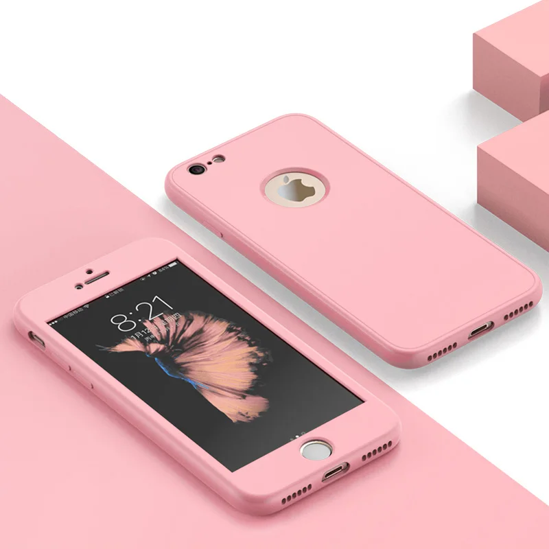 ZNP, роскошный мягкий ТПУ 360, полный чехол s для iPhone 8, 7, 6 S, 6, чехол 5, 5S, SE, чехол s для iPhone 6, 7, 8 Plus, чехол со стеклом - Цвет: Розовый