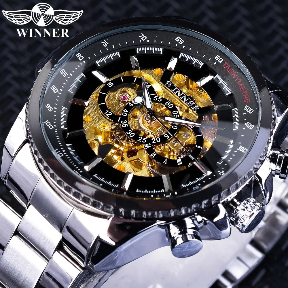 Winner Clock Black Golden Skeleton Dial Luminous Design Mechanical Watch for Men Top Brand Luxury Folding Clasp with Safety