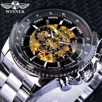winner clock black golden skeleton dial luminous design mechanical watch for men top brand luxury folding clasp with safety