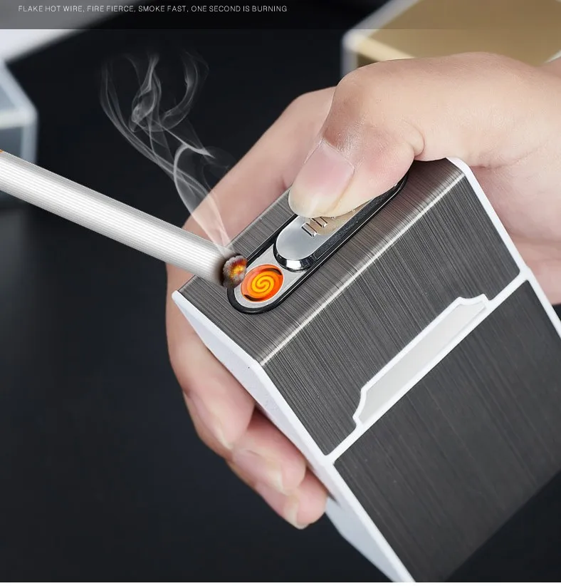 2-in-1 Cigarette Case Box charged electronic Lighter Aluminum Alloy USB Rechargeable Windproof cigar box 20-pack metal Men Gift