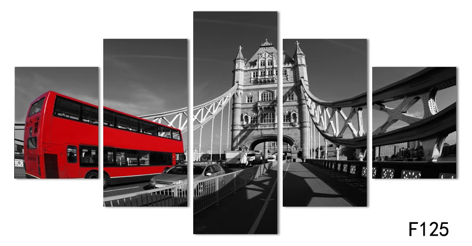 

Fashion Black and white style scenery painting canvas print wall art picture for home decorations HD Bridge and red bus picture